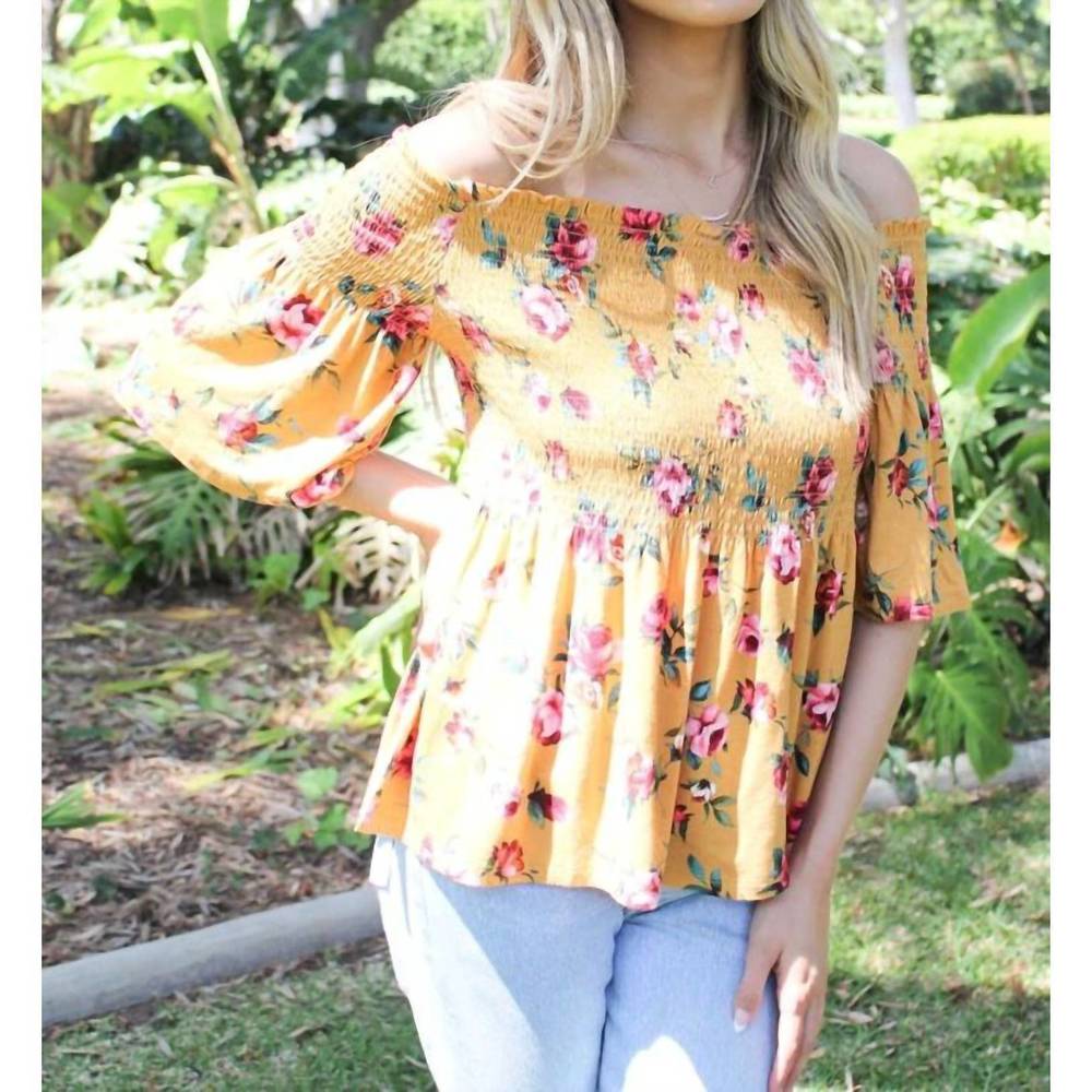 NEW RICKI'S off shoulder shirred floral top in yellow